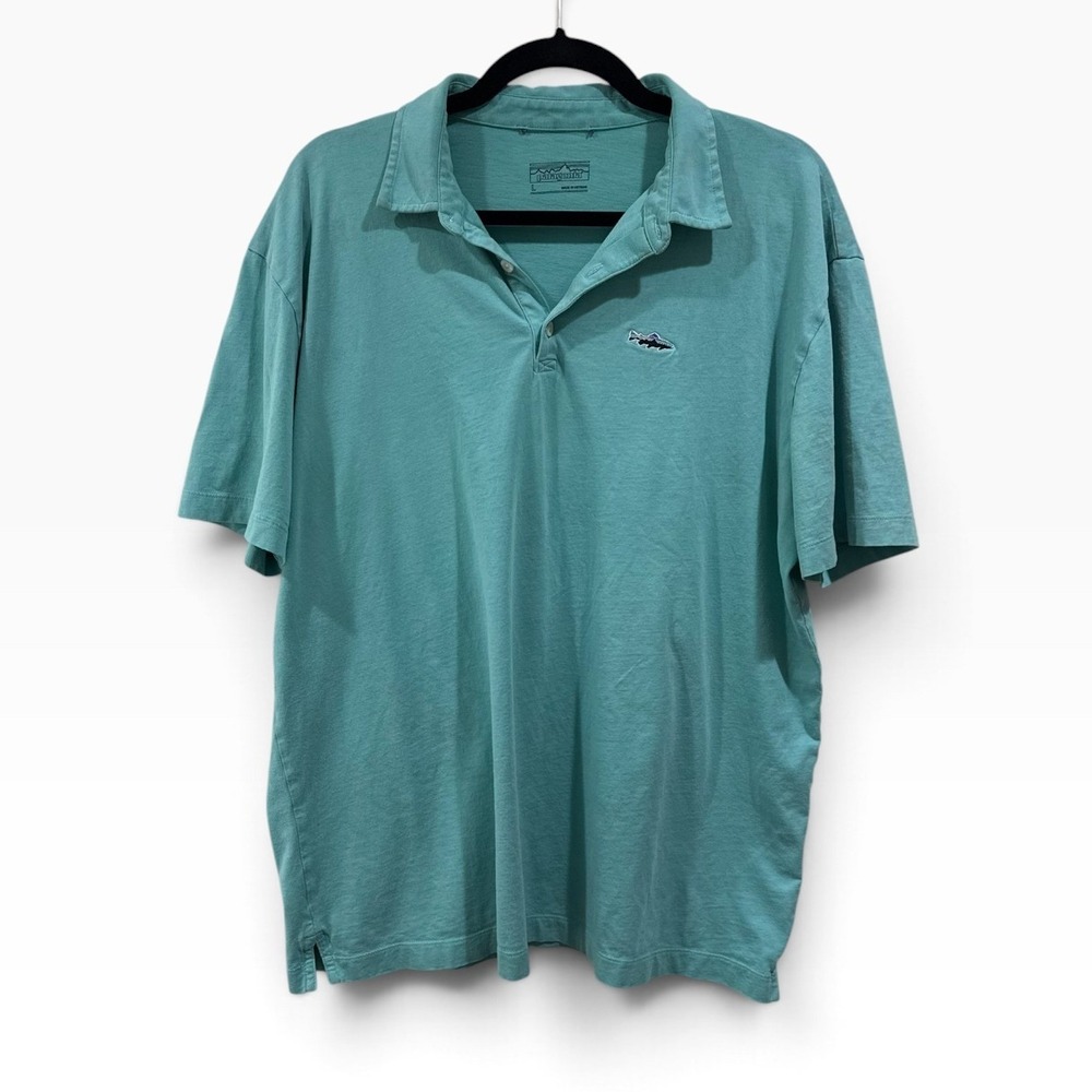 Patagonia Mens L Teal Green Cotton Polo Shirt Embroidered Fish Logo Short Sleeve
